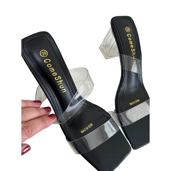 NWOT ComeShun Low Block Heels Mules Two Transparent Band Square Toe Pumps 8 - Picture 4 of 9